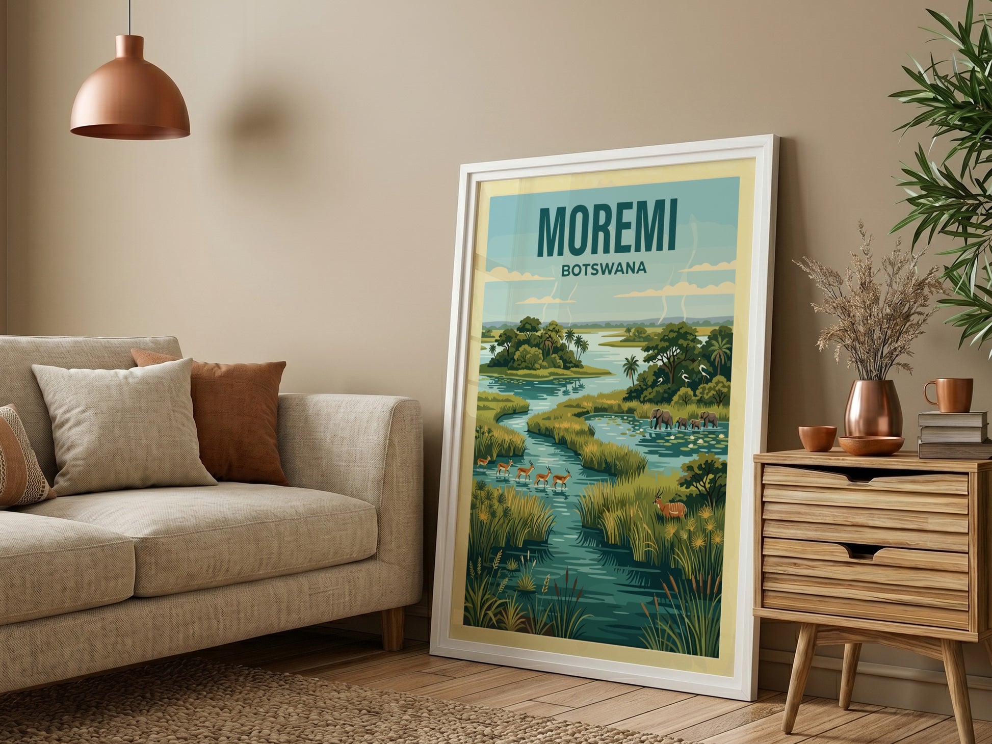 Moremi Game Reserve poster featuring vibrant greens and wildlife in Botswana