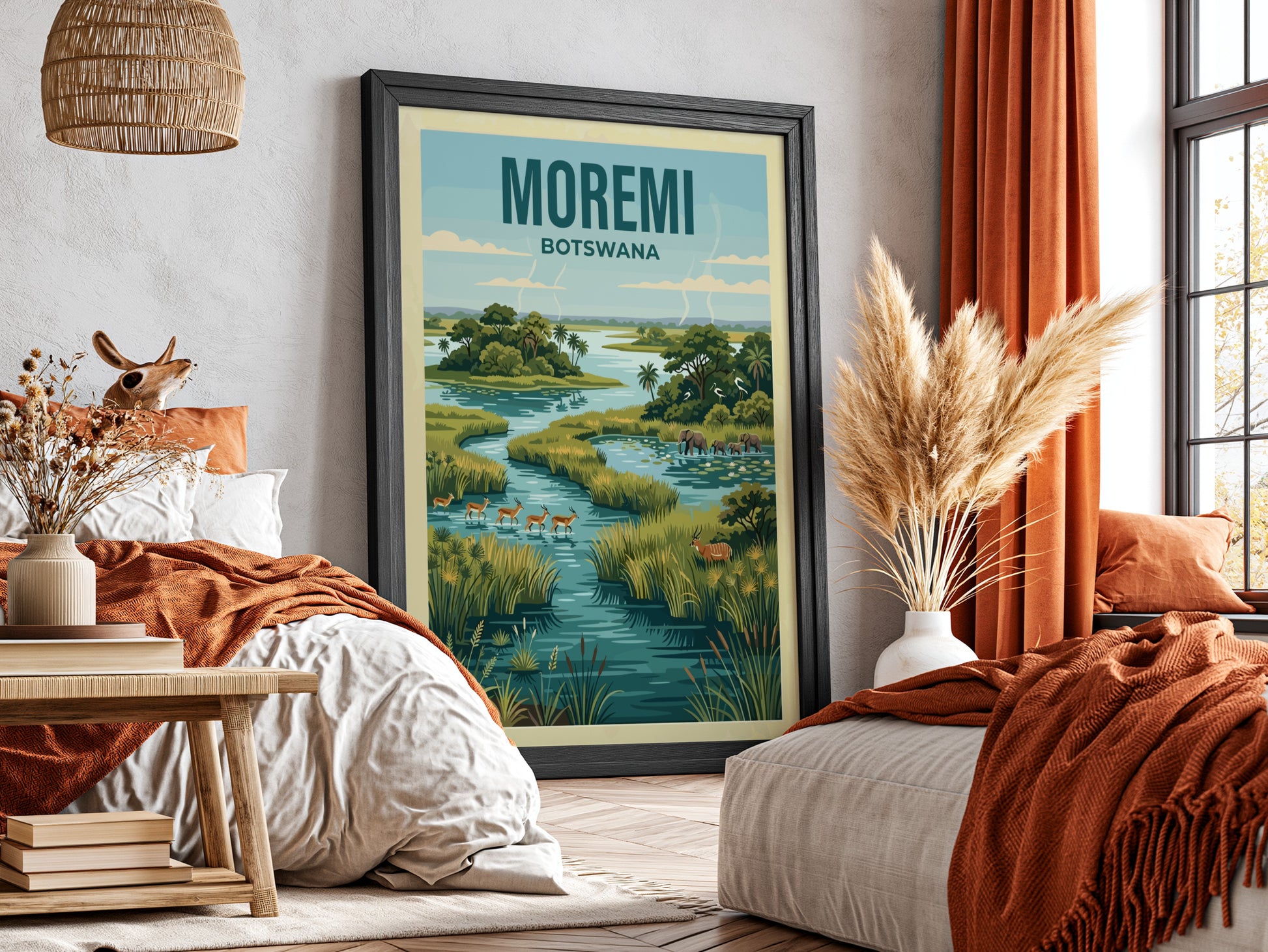 Moremi Game Reserve poster featuring vibrant greens and wildlife in Botswana