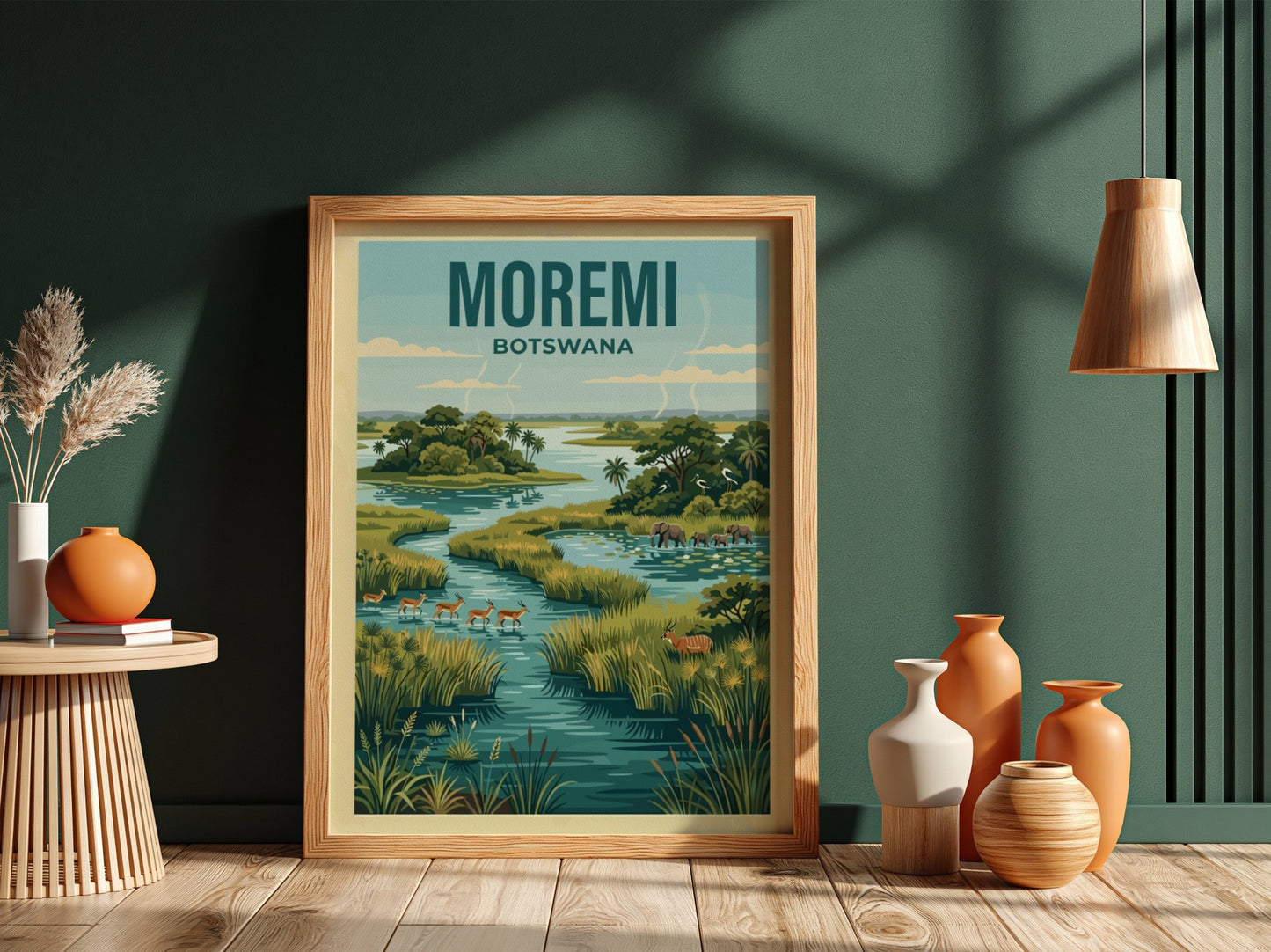 Moremi Game Reserve poster featuring vibrant greens and wildlife in Botswana