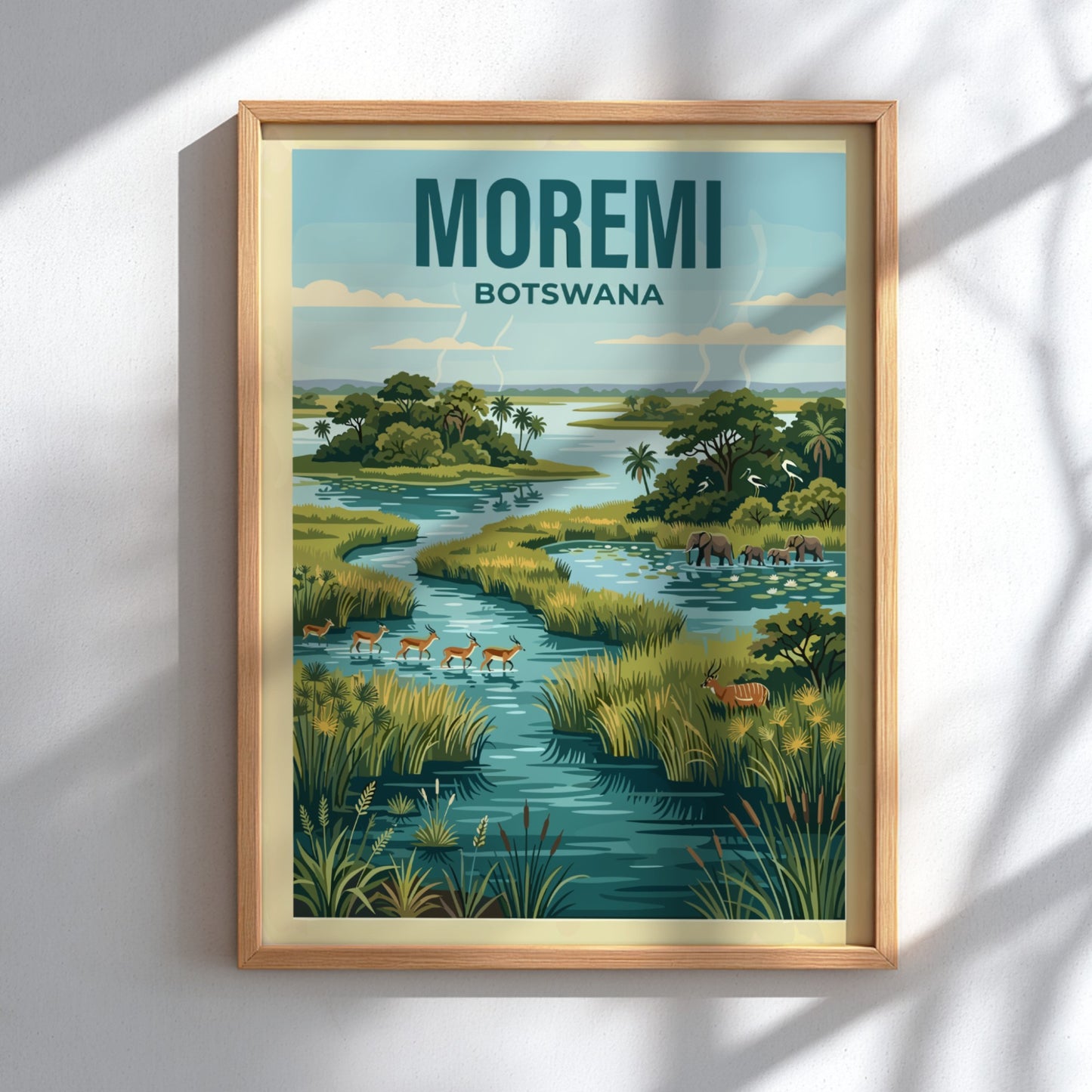 Moremi Game Reserve poster featuring vibrant greens and wildlife in Botswana