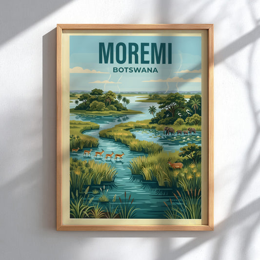 Moremi Game Reserve poster featuring vibrant greens and wildlife in Botswana