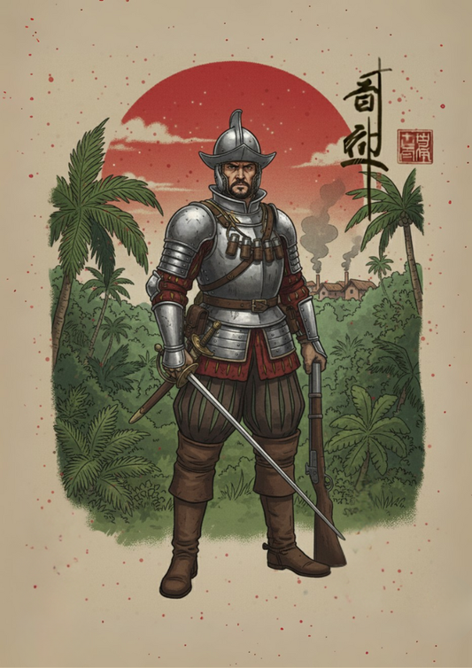 Illustration of a warrior in armor with a sword, set against a tropical background with palm trees and a red sun.