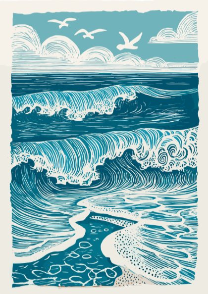 Illustration of ocean waves and seagulls with a blue and white color scheme.