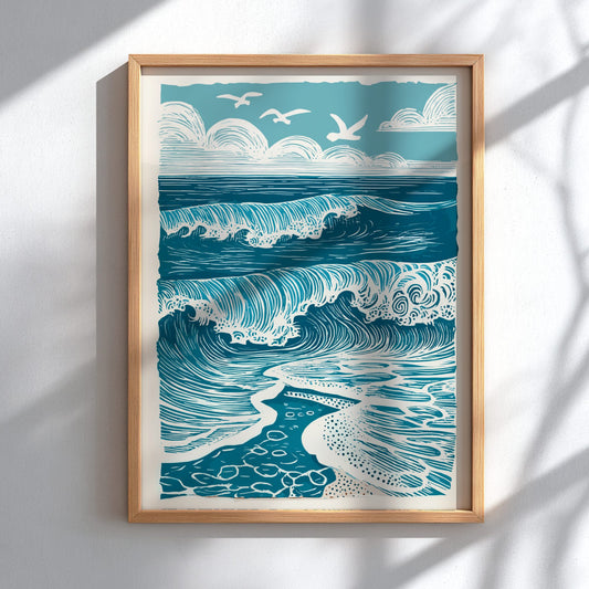 Framed artwork of ocean waves and seagulls on a white wall