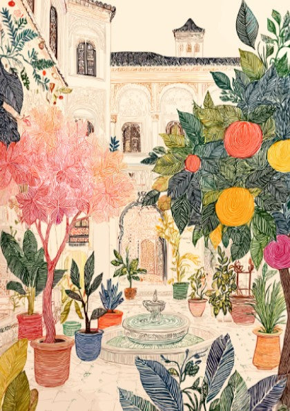 Poster of a Moroccan riad courtyard with lush plants, orange trees, and a fountain, in a colorful