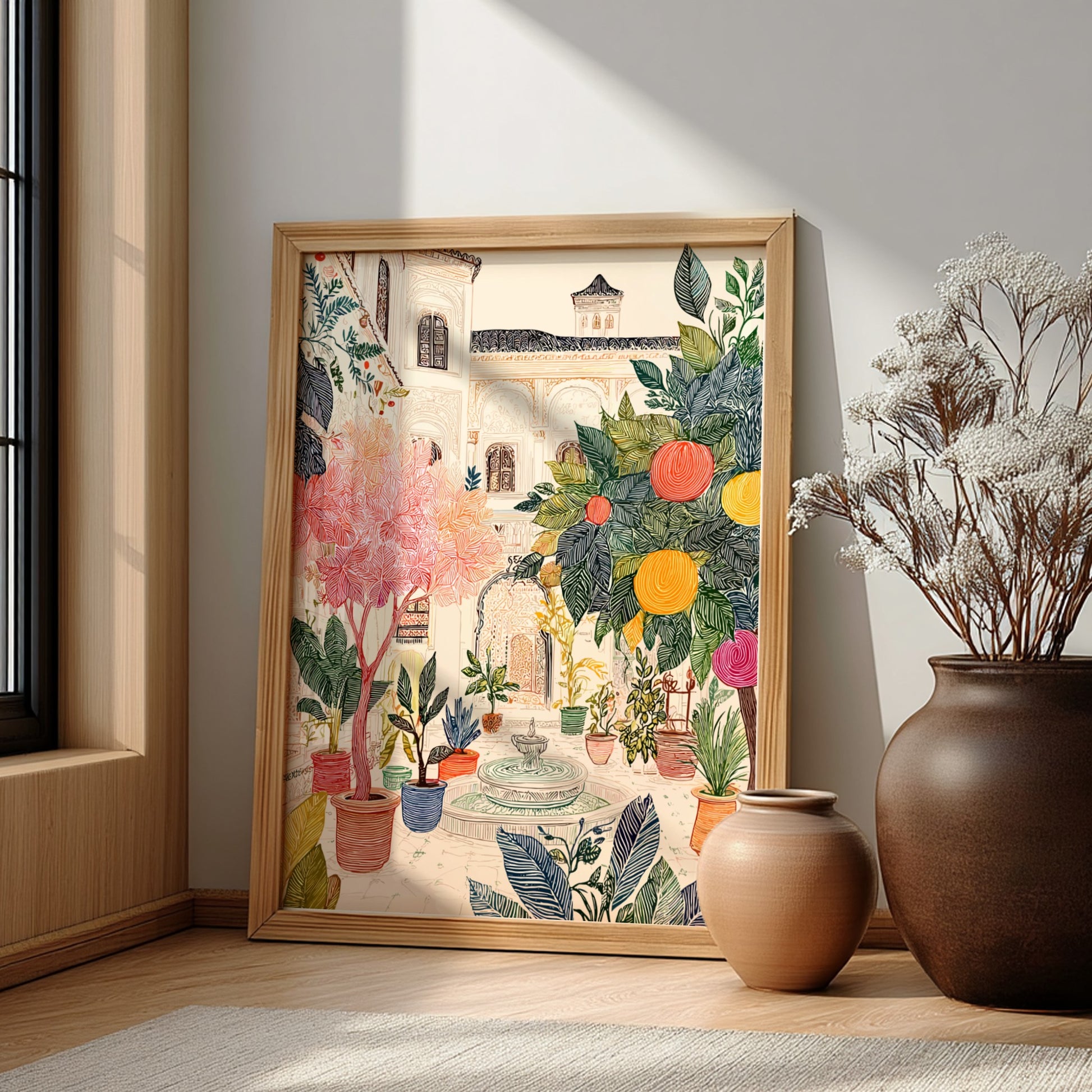 Poster of a Moroccan riad courtyard with lush plants, orange trees, and a fountain, in a colorful