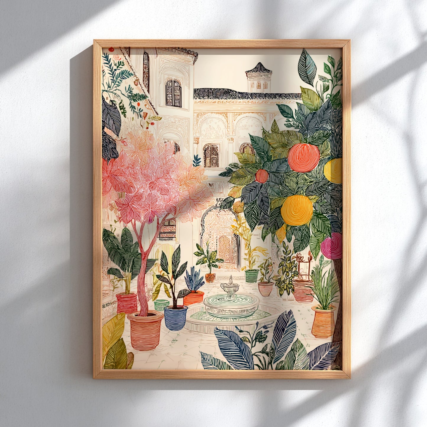 Poster of a Moroccan riad courtyard with lush plants, orange trees, and a fountain, in a colorful