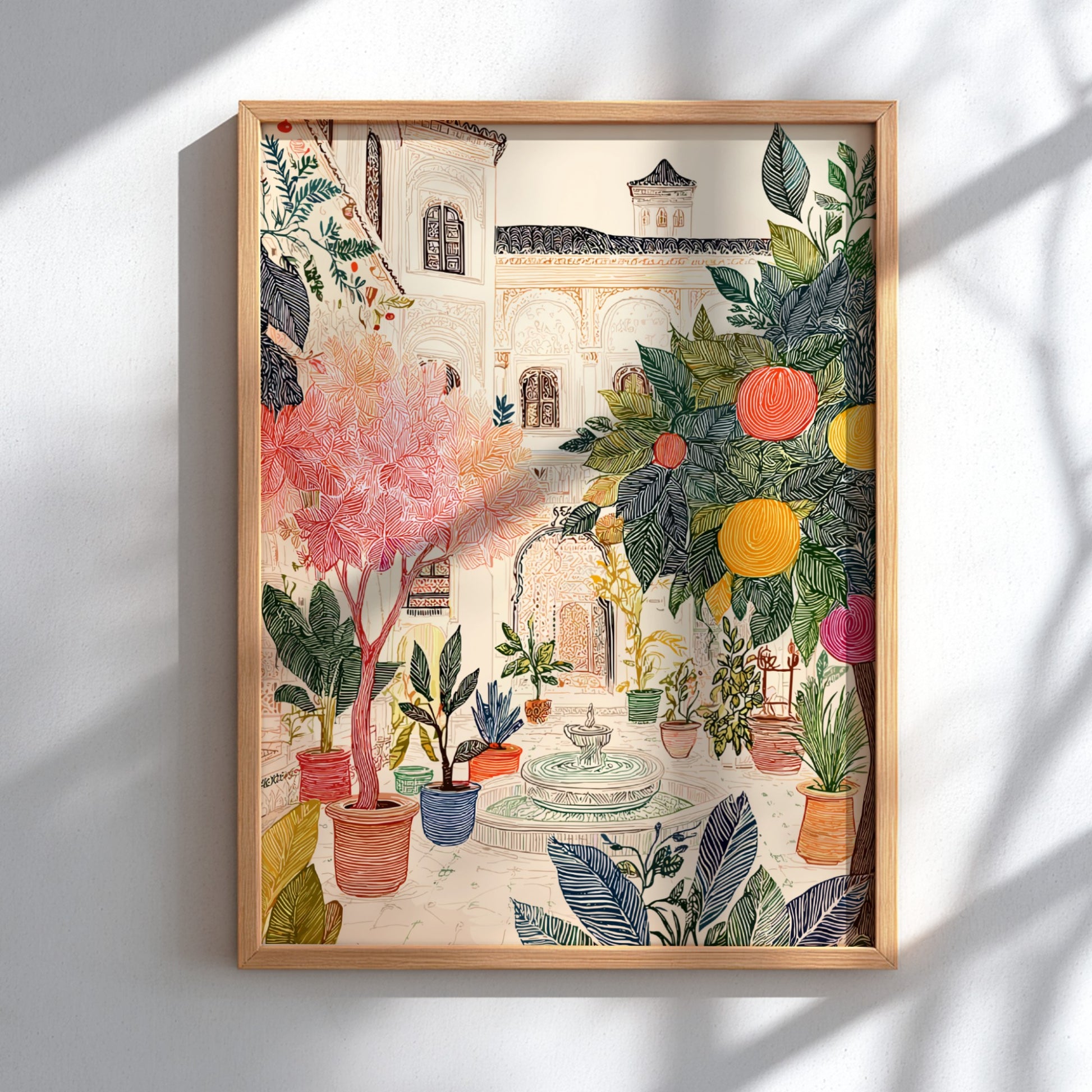Poster of a Moroccan riad courtyard with lush plants, orange trees, and a fountain, in a colorful