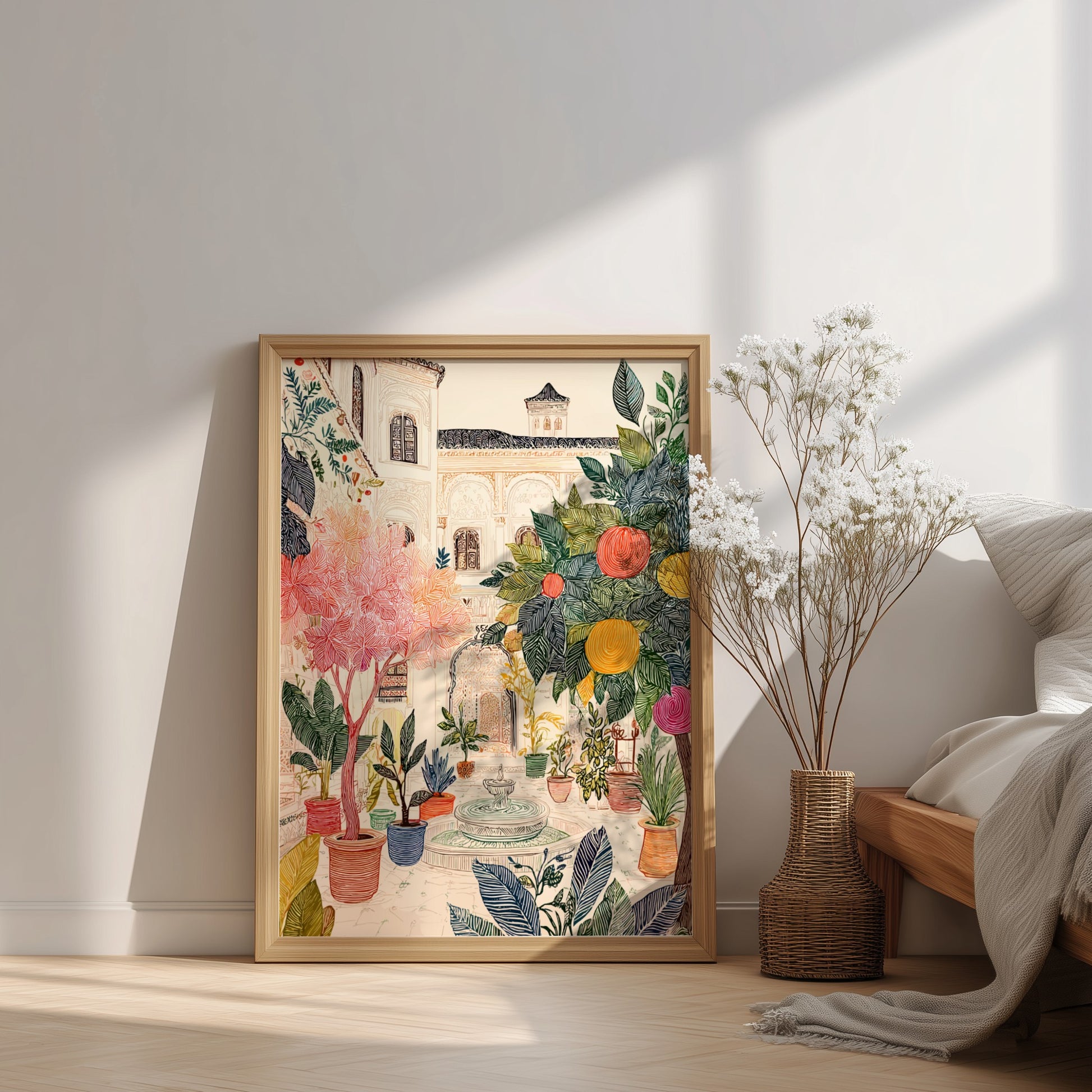 Poster of a Moroccan riad courtyard with lush plants, orange trees, and a fountain, in a colorful
