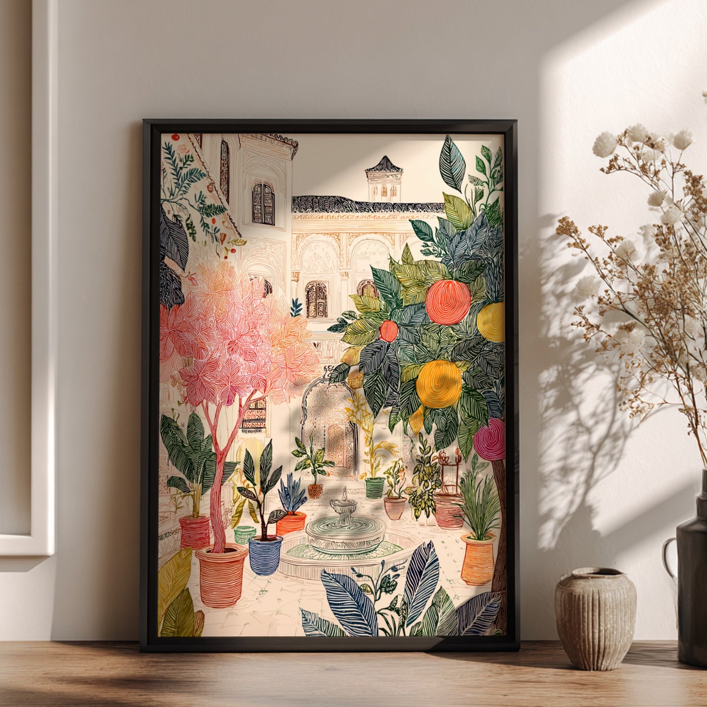 Poster of a Moroccan riad courtyard with lush plants, orange trees, and a fountain, in a colorful