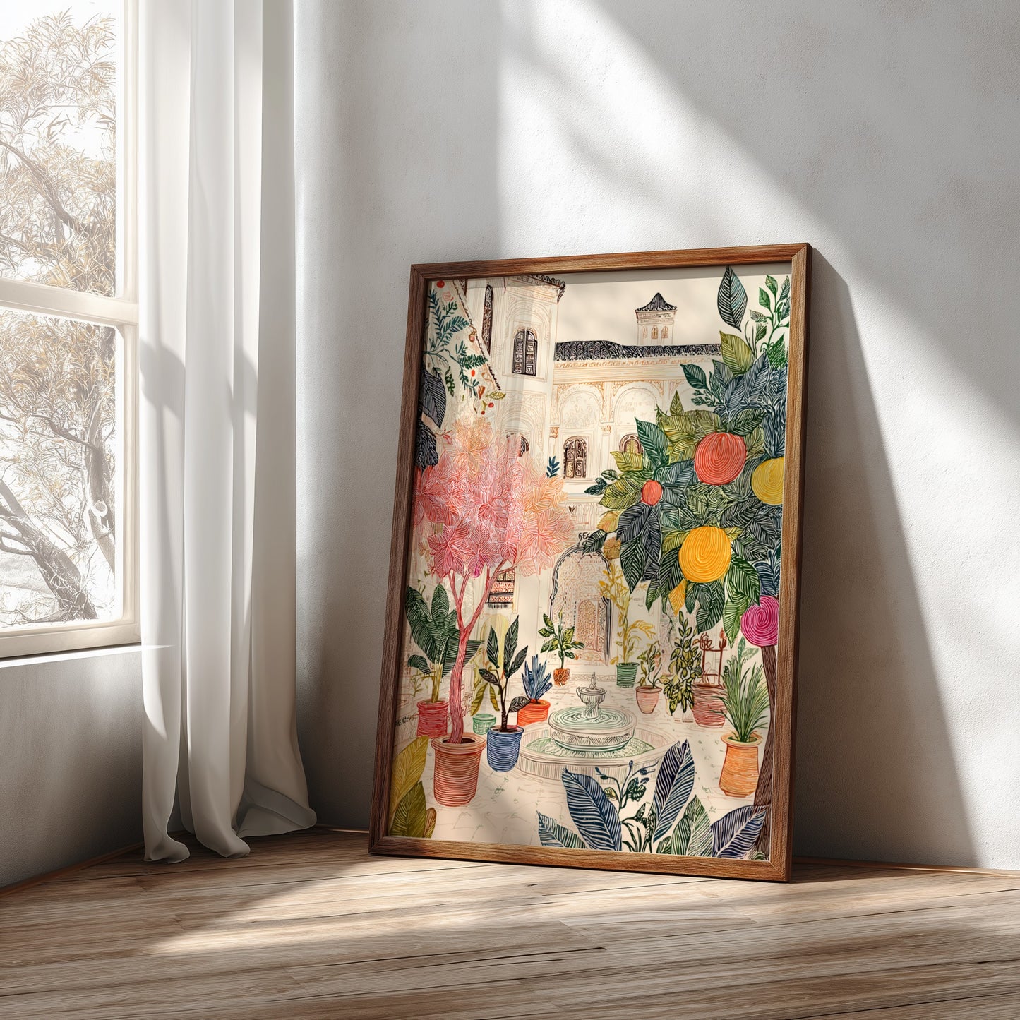 Poster of a Moroccan riad courtyard with lush plants, orange trees, and a fountain, in a colorful