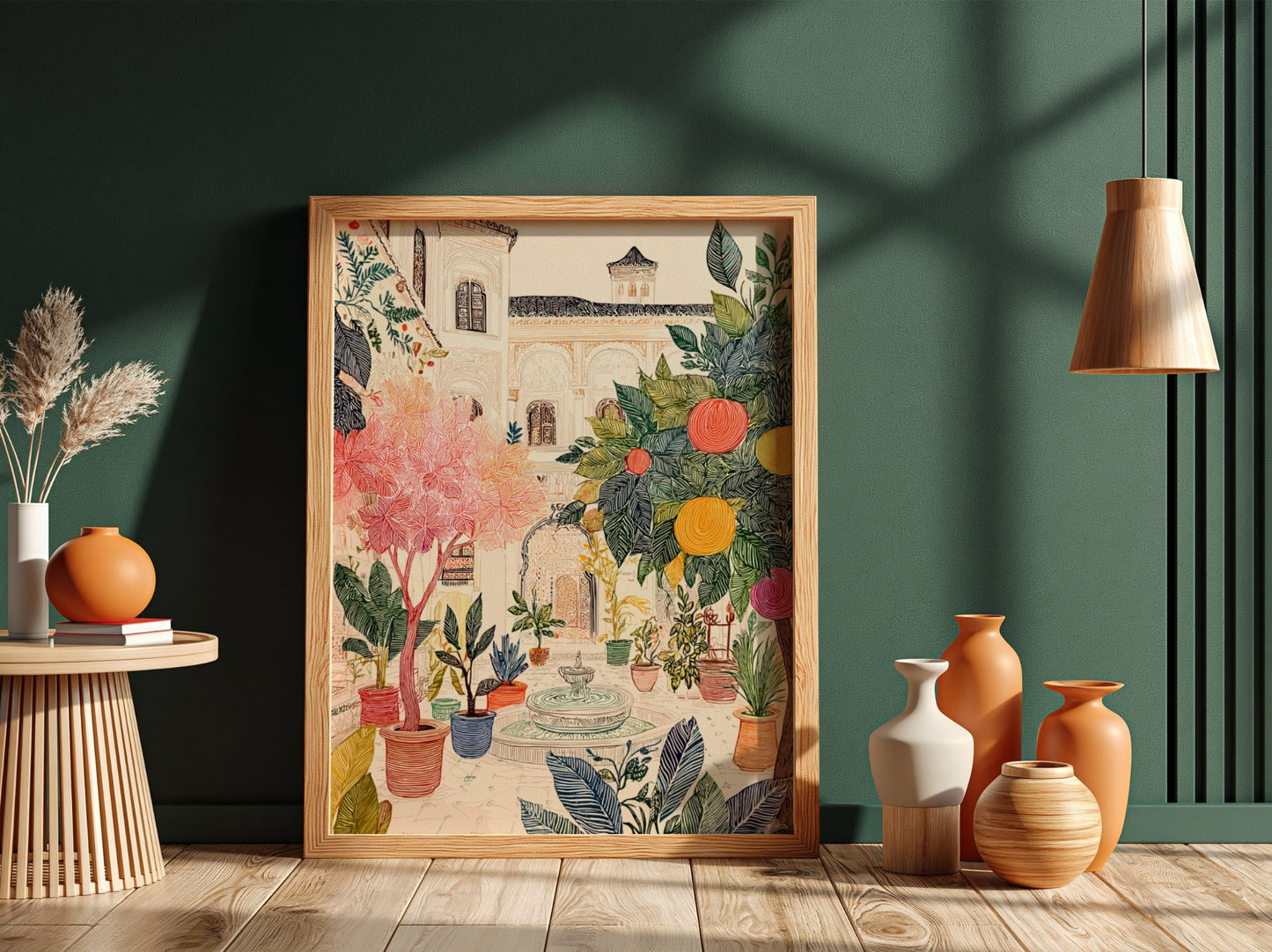 Poster of a Moroccan riad courtyard with lush plants, orange trees, and a fountain, in a colorful