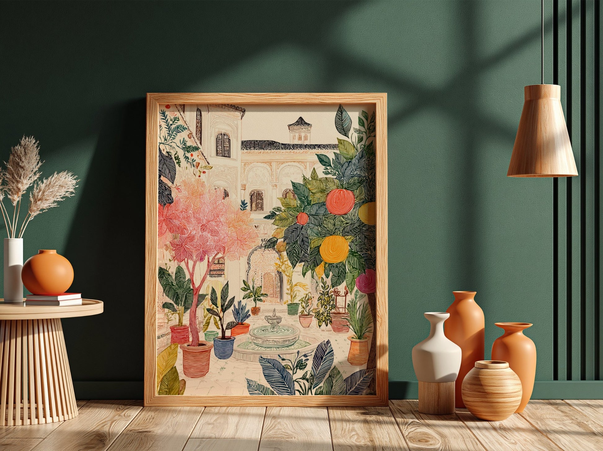 Poster of a Moroccan riad courtyard with lush plants, orange trees, and a fountain, in a colorful