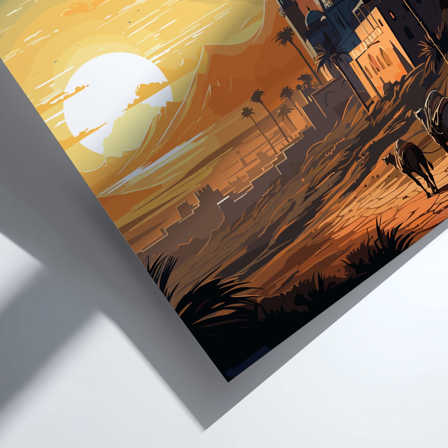 Surreal desert scene with a large moon, palm trees, and silhouettes of people and animals.