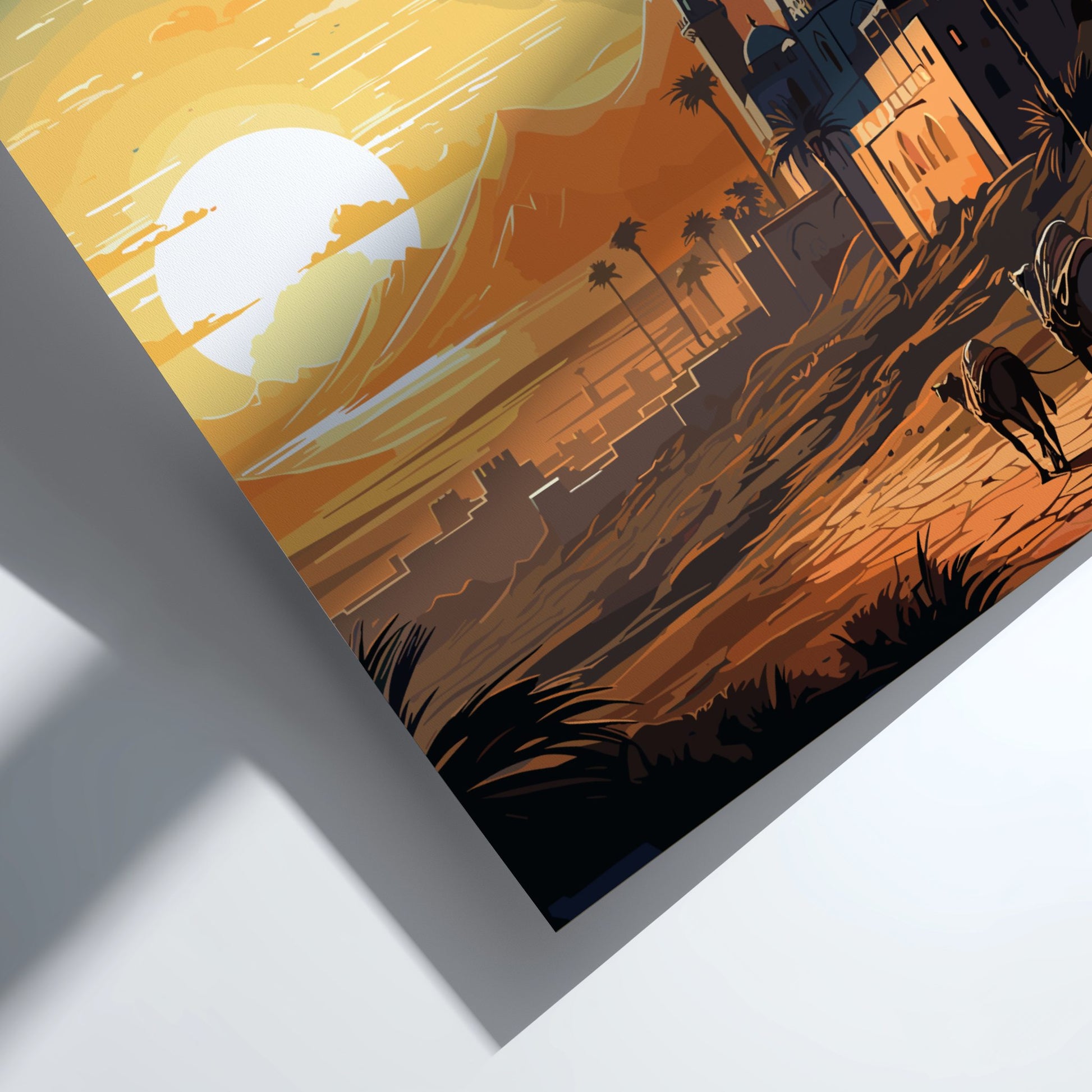 Surreal desert scene with a large moon, palm trees, and silhouettes of people and animals.