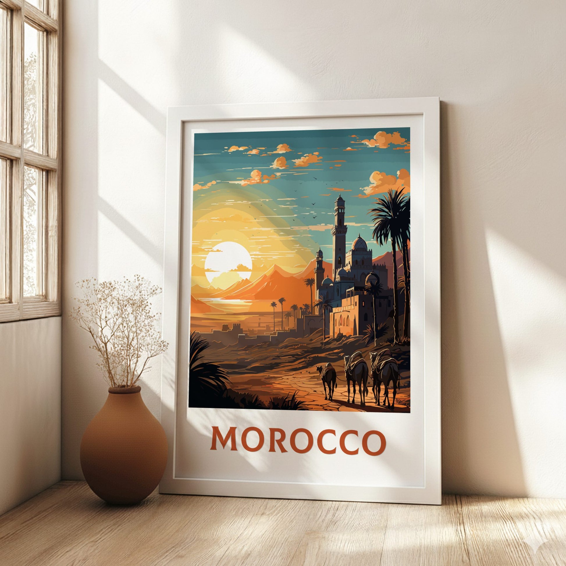 Framed artwork of a Moroccan landscape with 'Morocco' text, placed on a wooden floor with a vase.