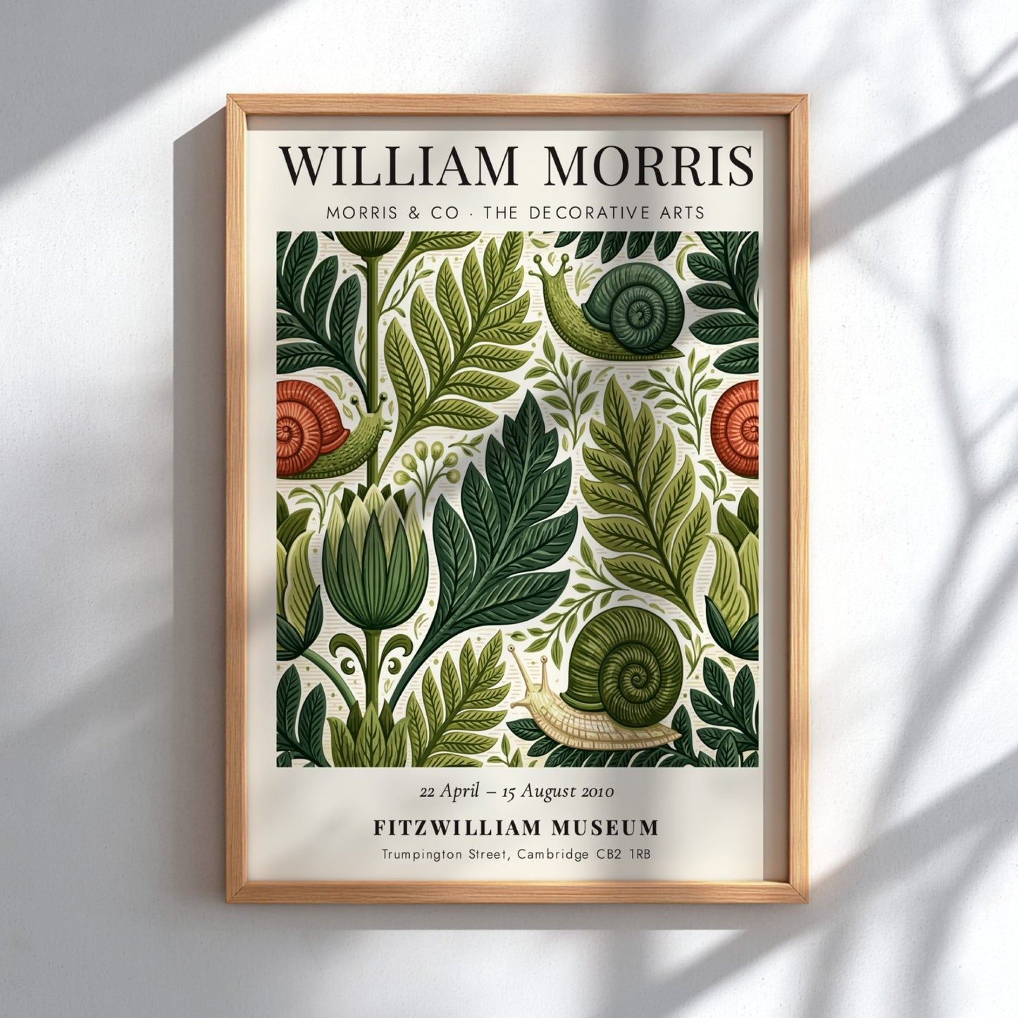 William Morris poster featuring intricate foliage and snails in green tones, decorative arts style