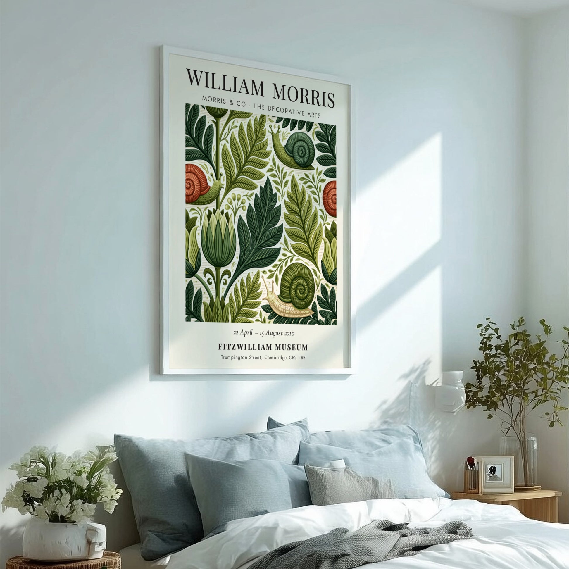 William Morris poster featuring intricate foliage and snails in green tones, decorative arts style
