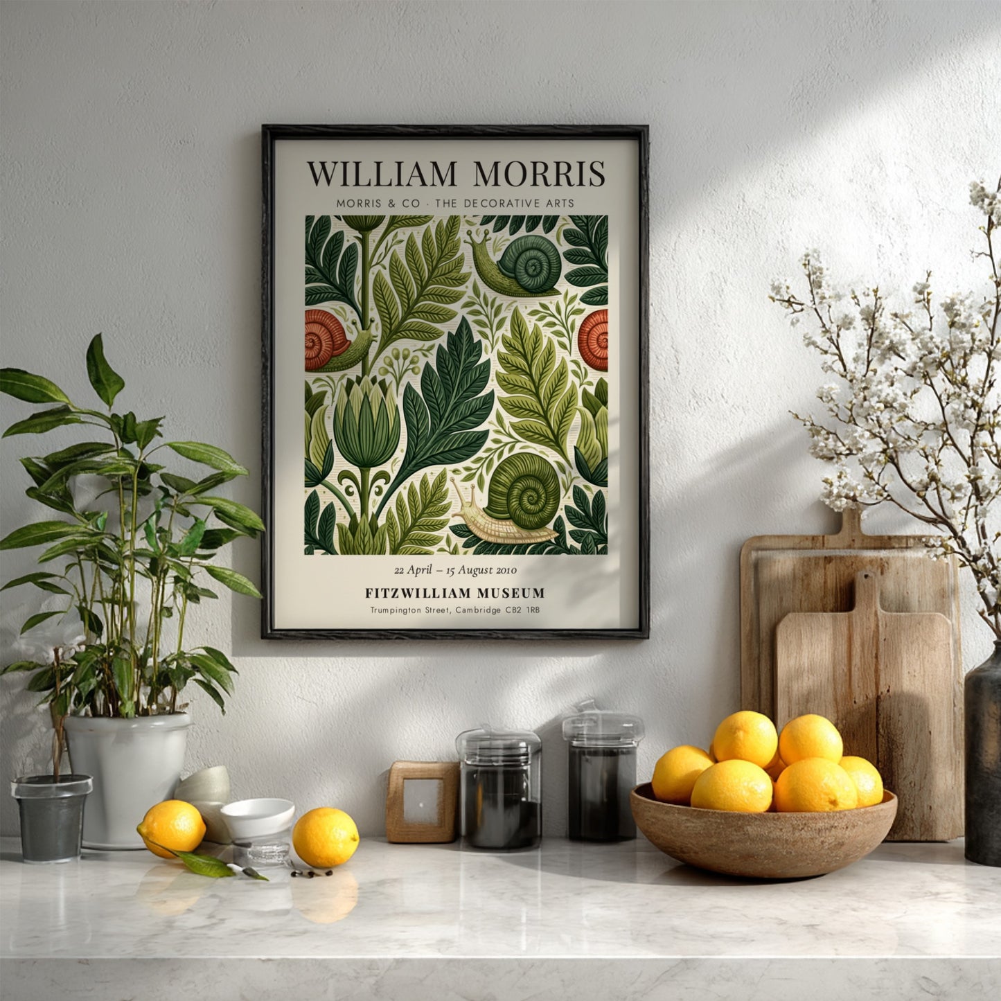William Morris poster featuring intricate foliage and snails in green tones, decorative arts style