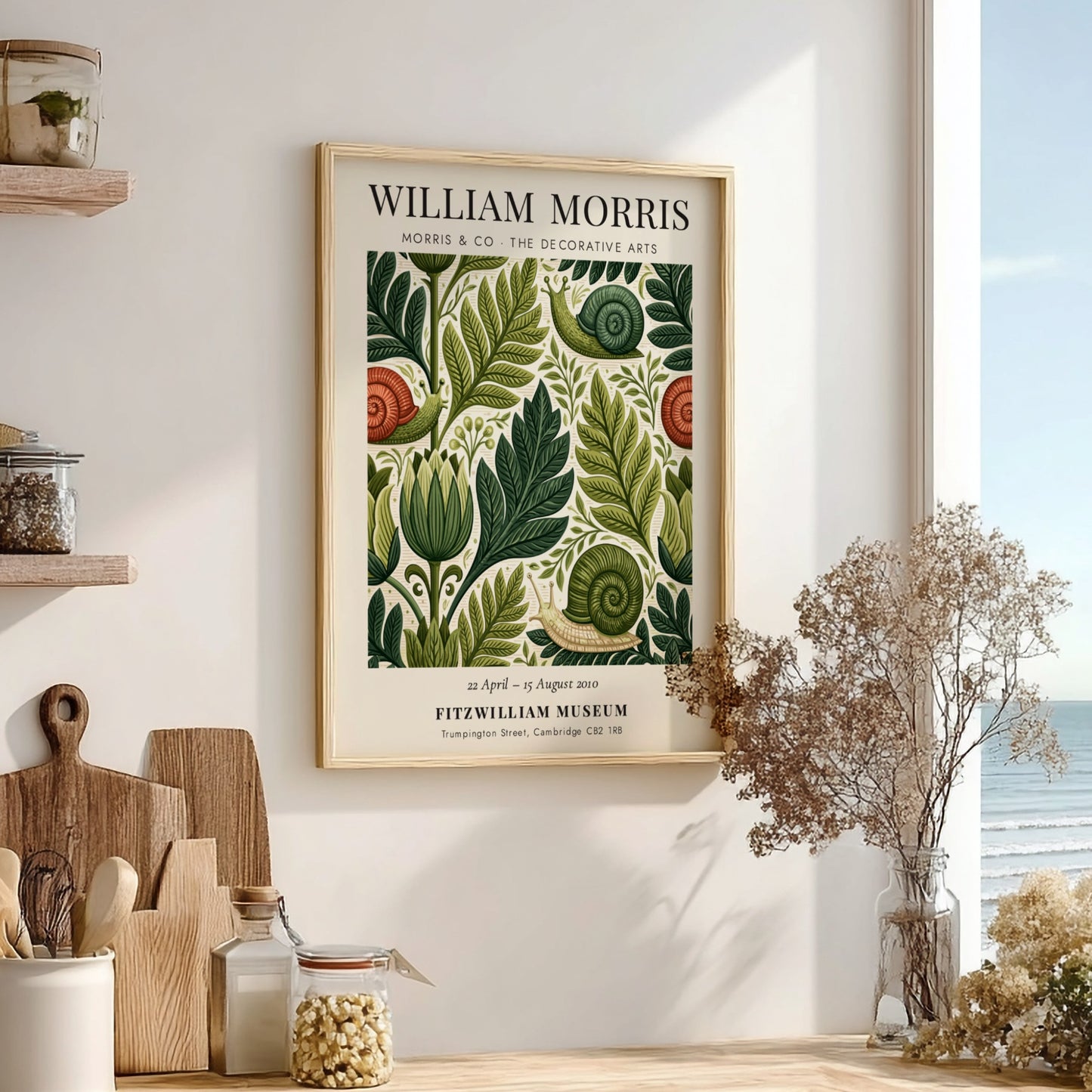 William Morris poster featuring intricate foliage and snails in green tones, decorative arts style