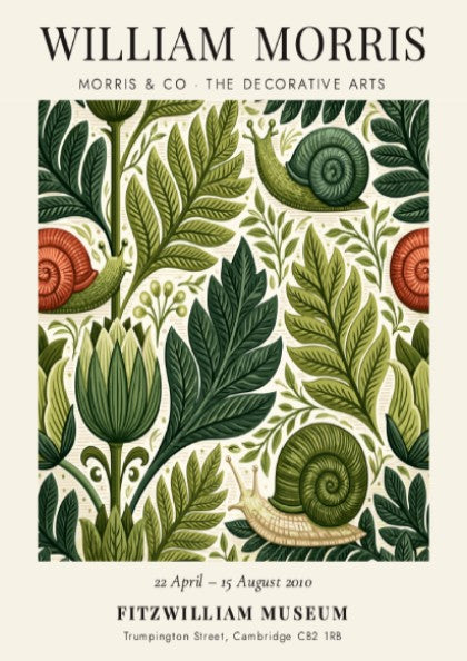 William Morris poster featuring intricate foliage and snails in green tones, decorative arts style