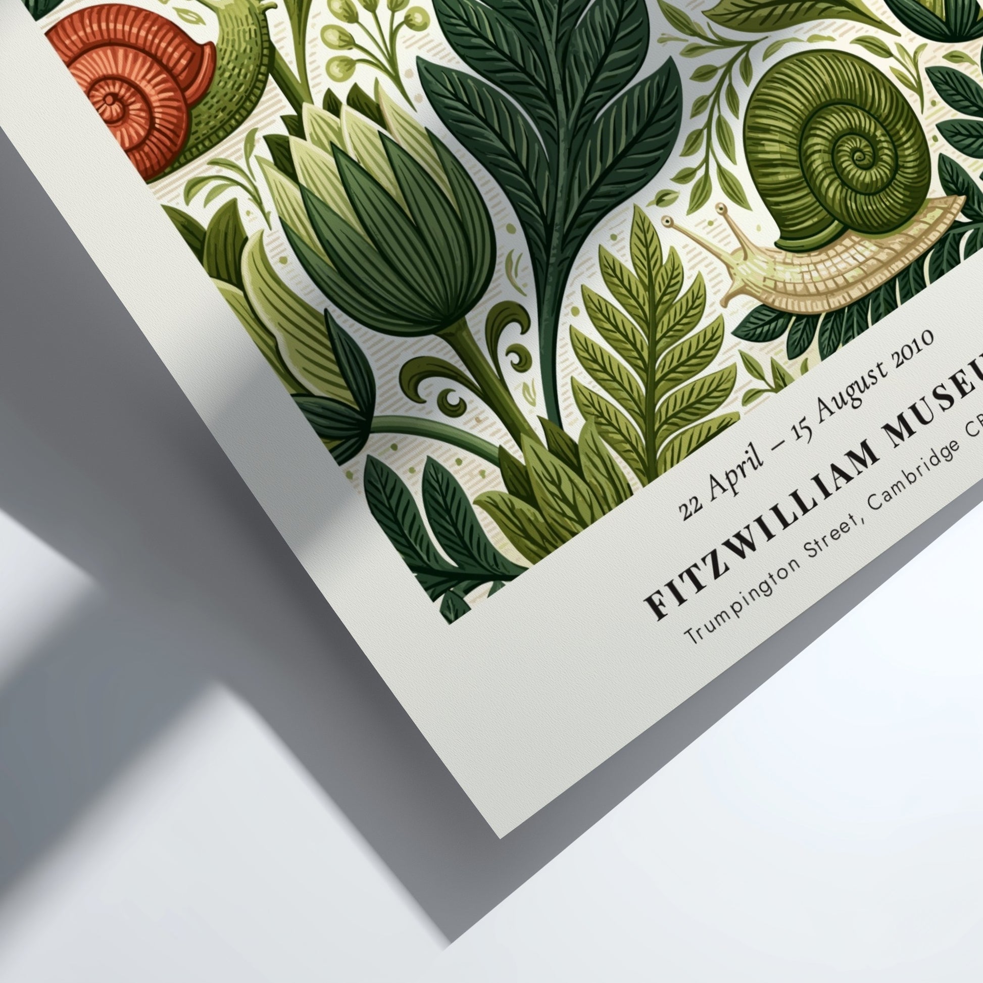 William Morris poster featuring intricate foliage and snails in green tones, decorative arts style