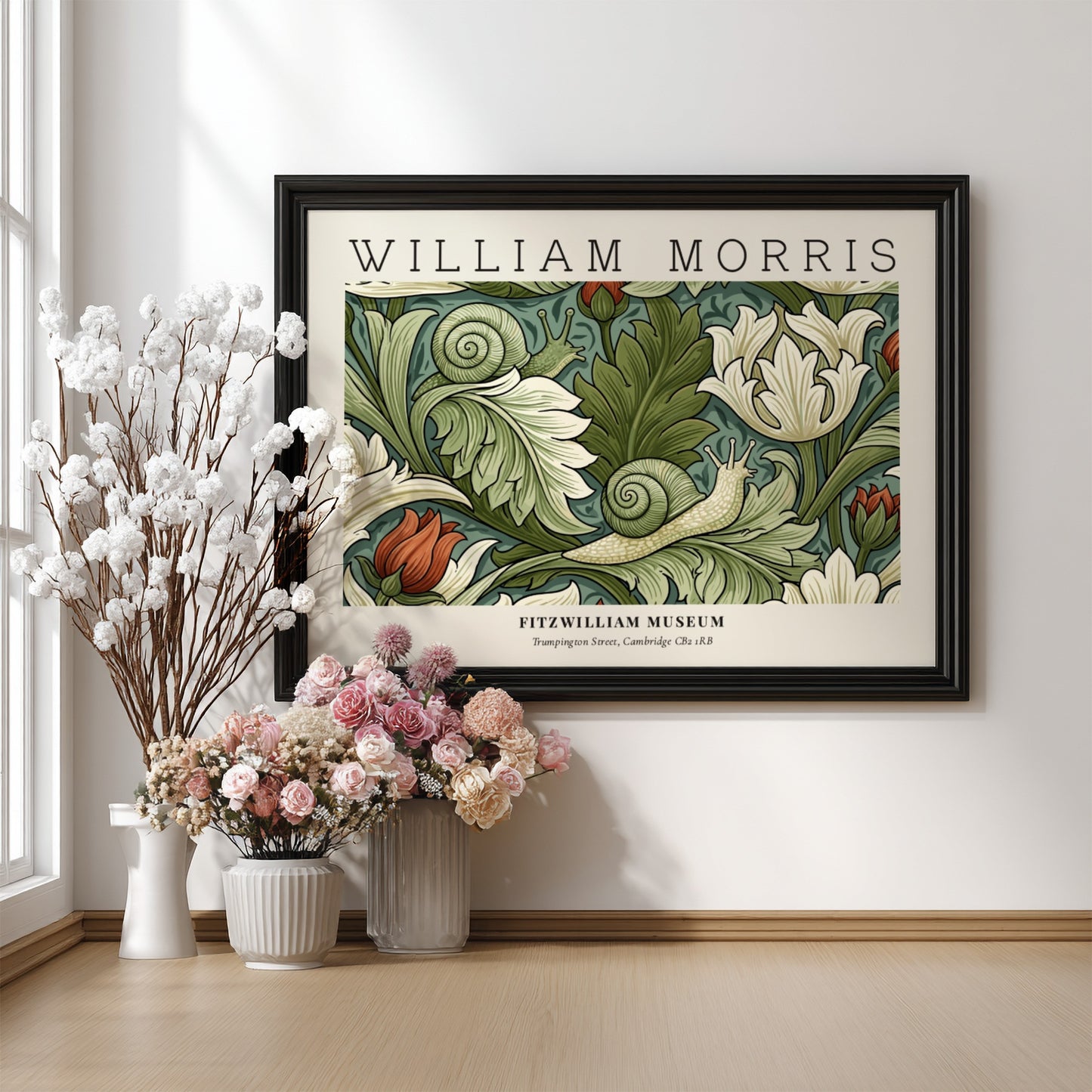 William Morris decorative arts print featuring floral designs in green and soft hues, perfect wall art for