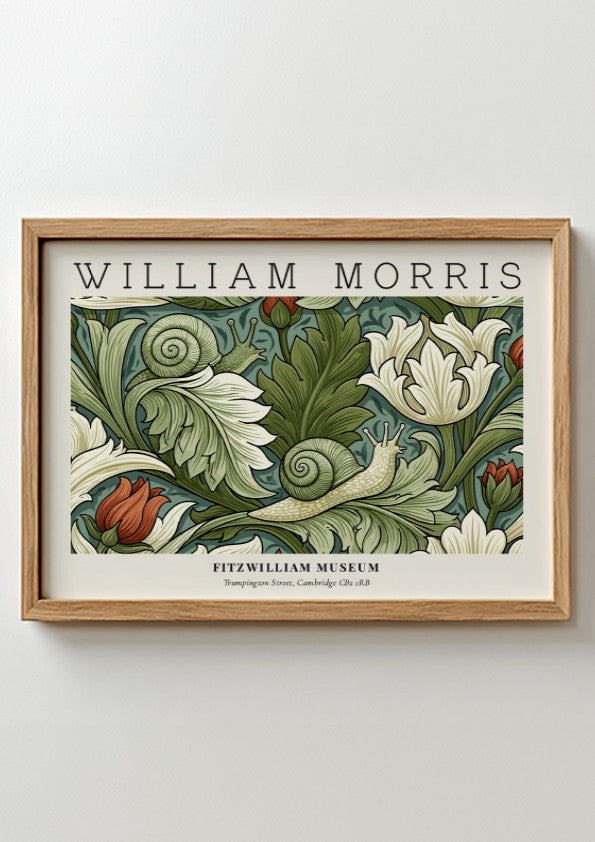 William Morris decorative arts print featuring floral designs in green and soft hues, perfect wall art for