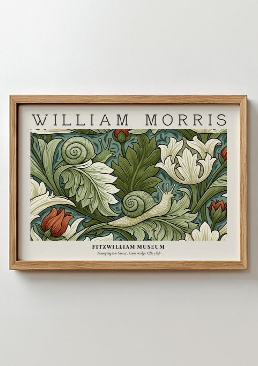 William Morris decorative arts print featuring floral designs in green and soft hues, perfect wall art for