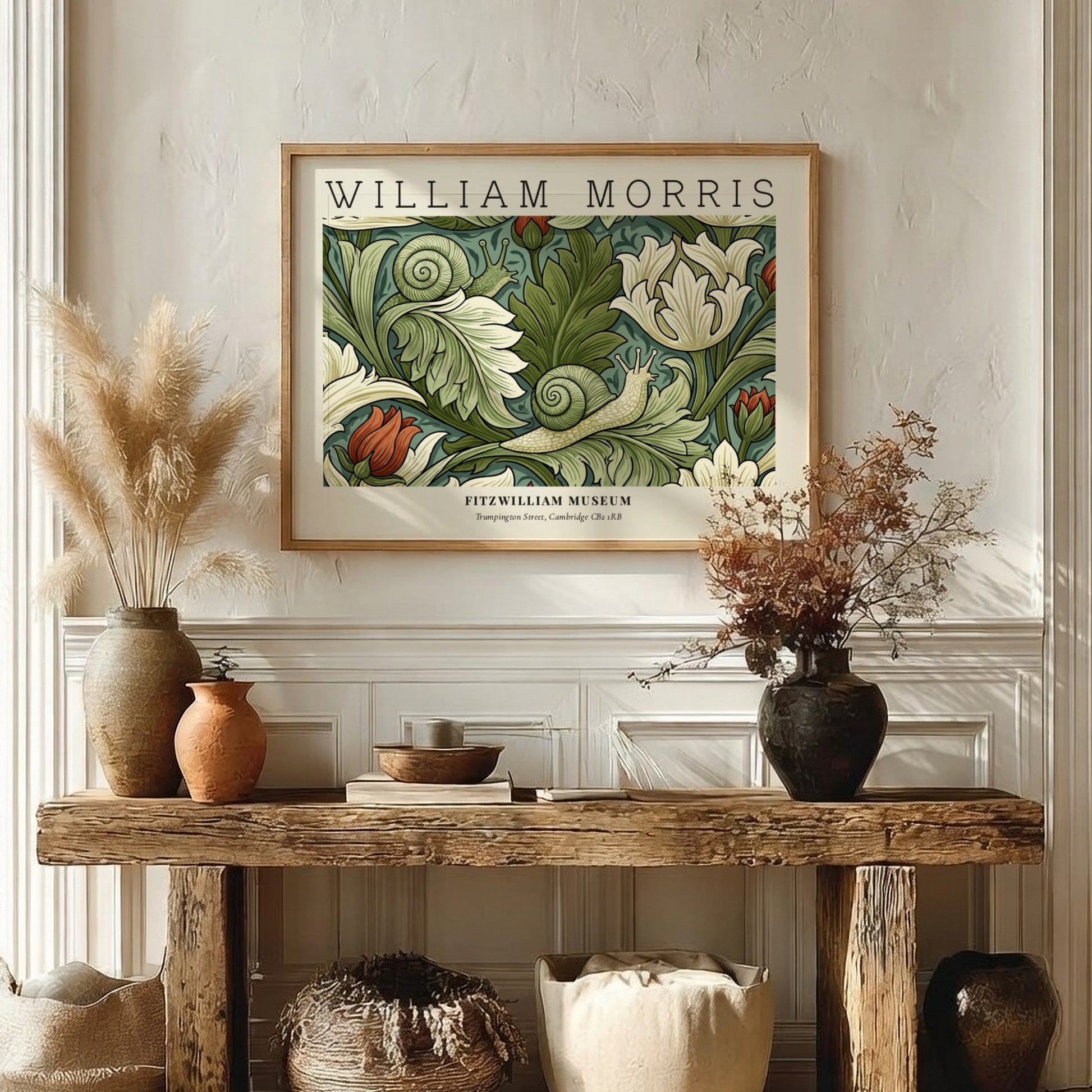 William Morris decorative arts print featuring floral designs in green and soft hues, perfect wall art for