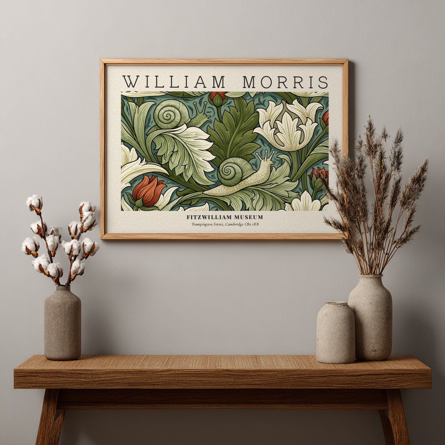 William Morris decorative arts print featuring floral designs in green and soft hues, perfect wall art for