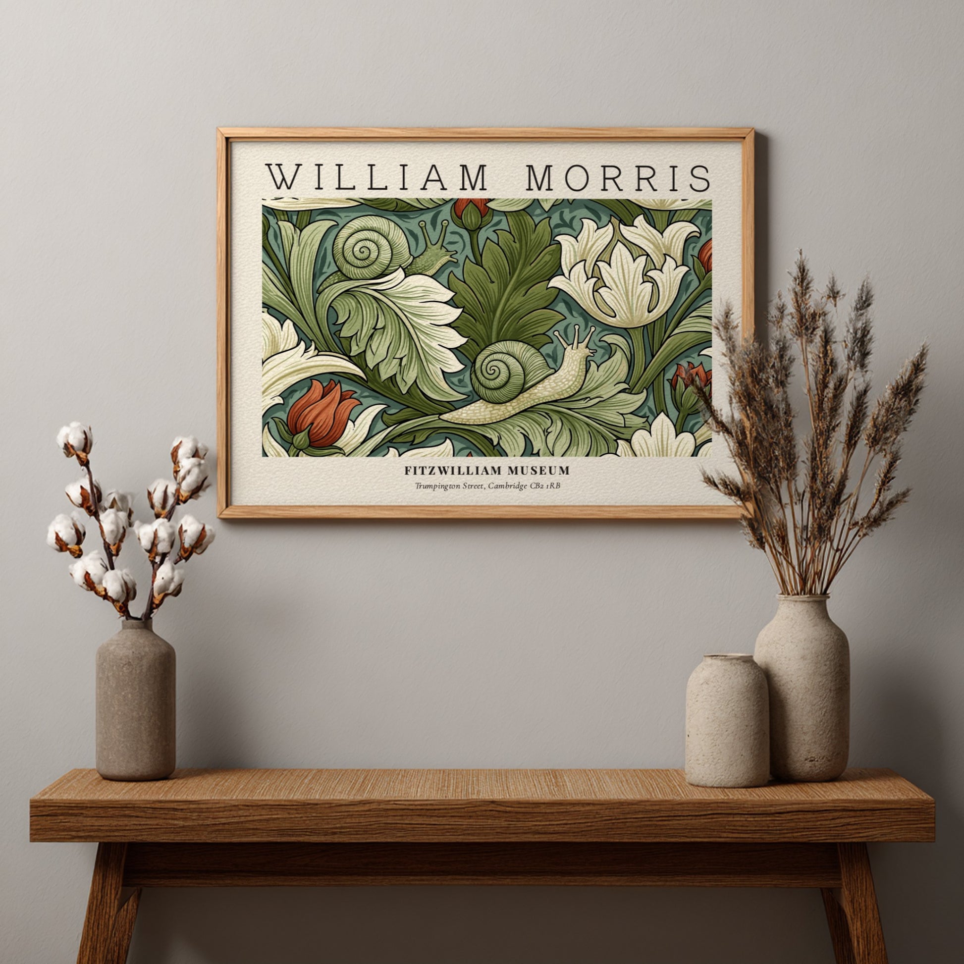 William Morris decorative arts print featuring floral designs in green and soft hues, perfect wall art for