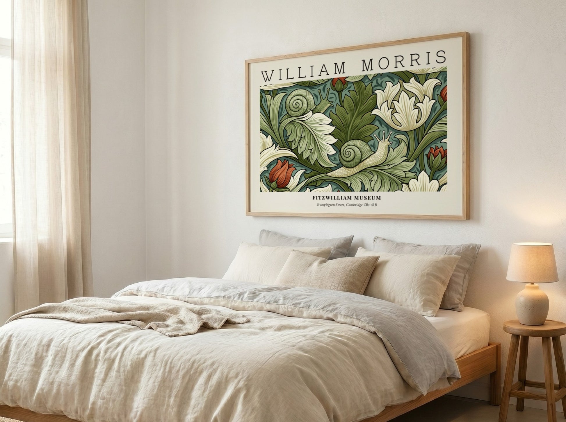 William Morris decorative arts print featuring floral designs in green and soft hues, perfect wall art for