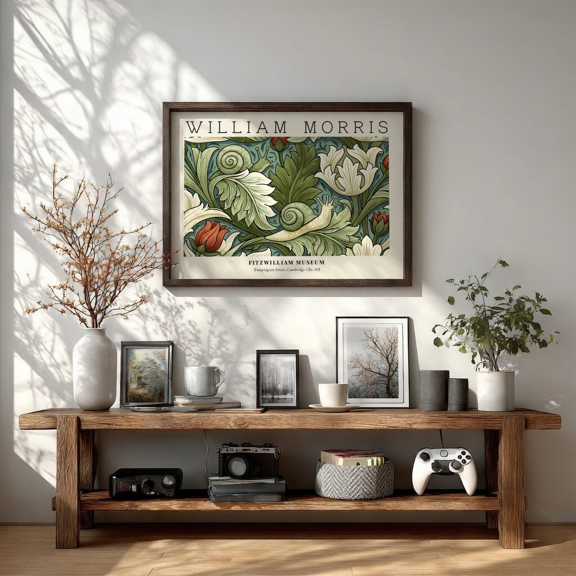 William Morris decorative arts print featuring floral designs in green and soft hues, perfect wall art for