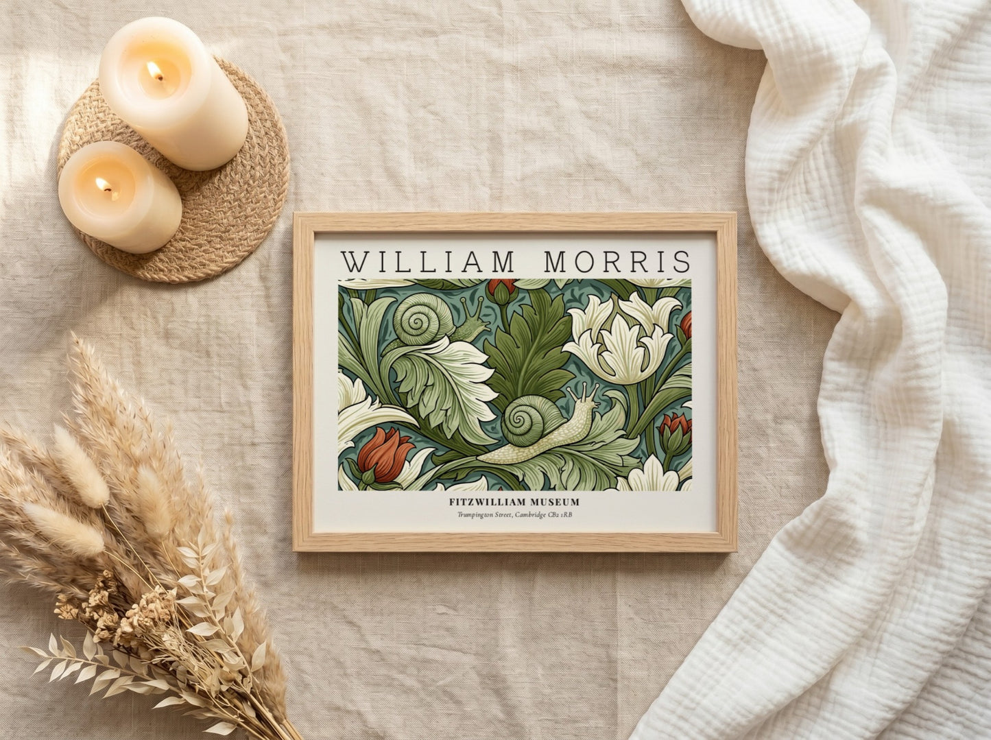 William Morris decorative arts print featuring floral designs in green and soft hues, perfect wall art for