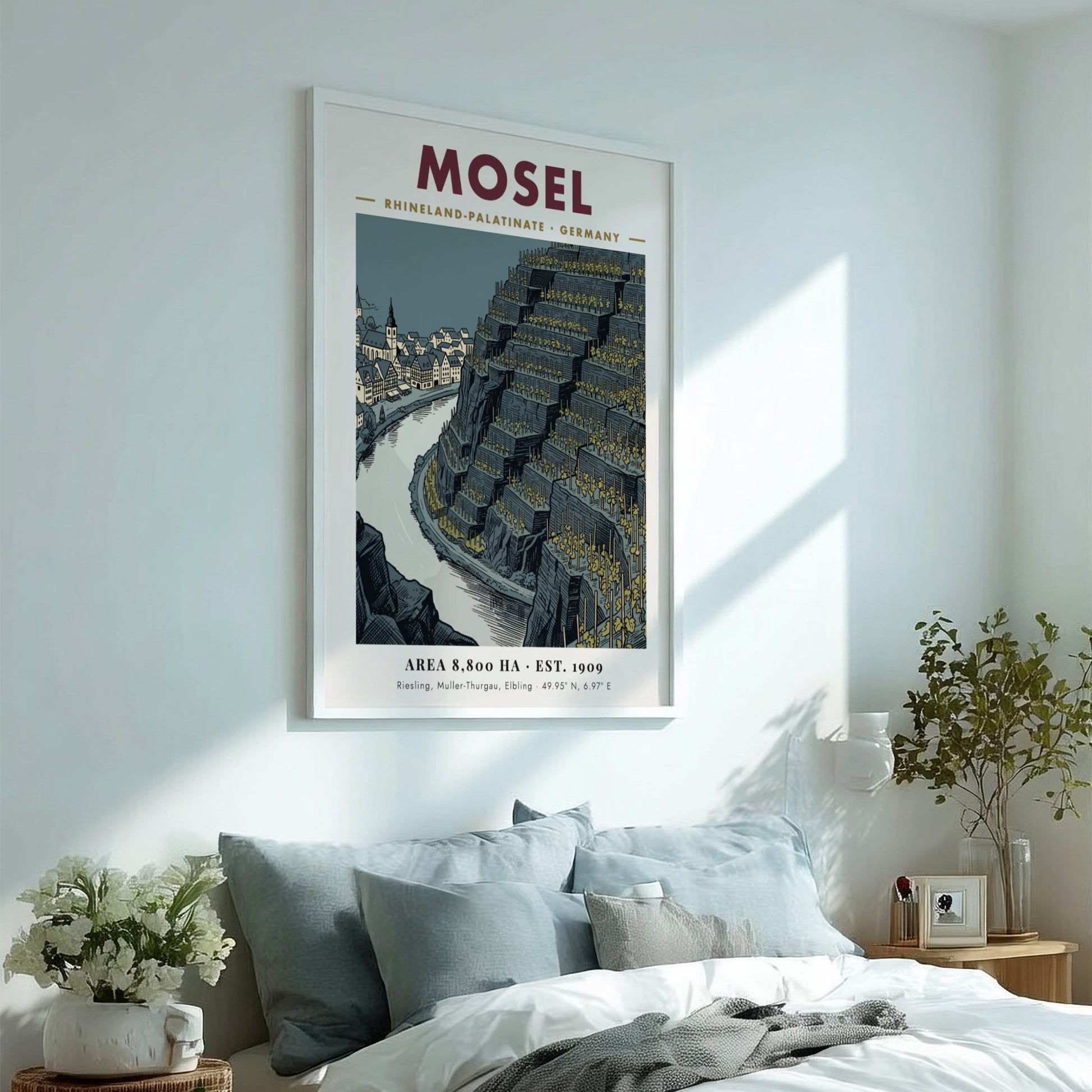 Poster of Mosel Germany featuring terraced vineyards and a historic town by river.