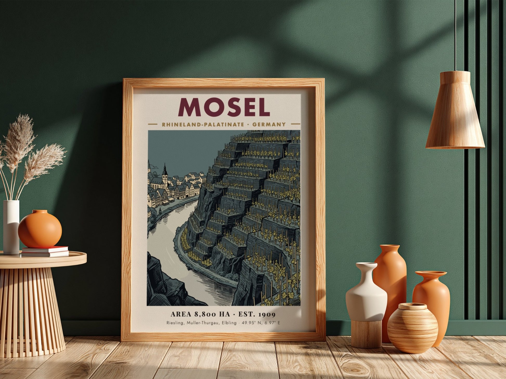 Poster of Mosel Germany featuring terraced vineyards and a historic town by river.