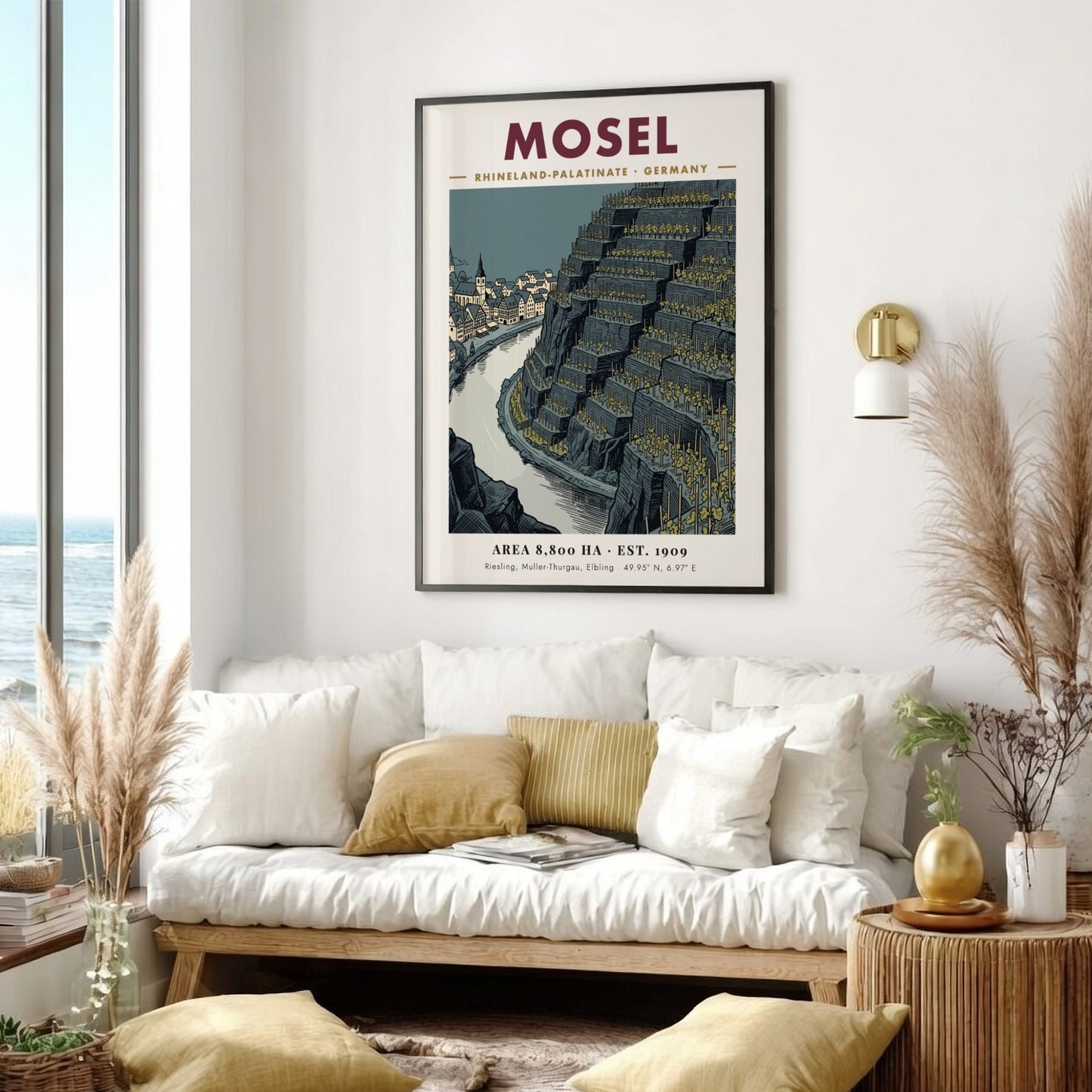 Poster of Mosel Germany featuring terraced vineyards and a historic town by river.
