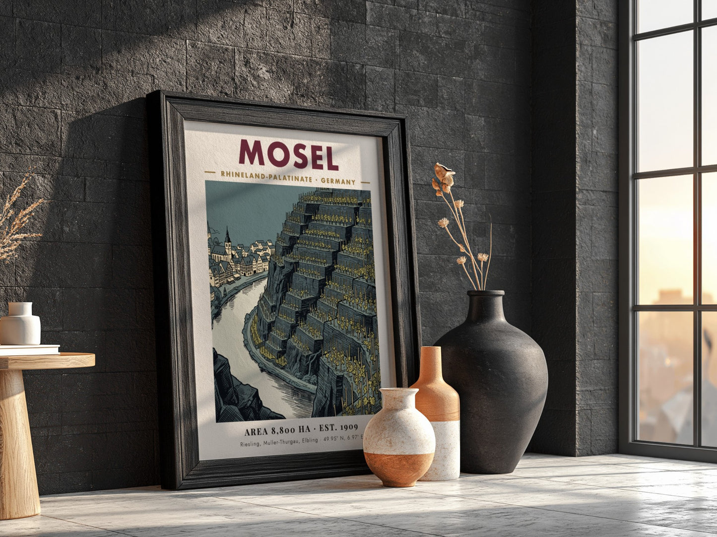 Poster of Mosel Germany featuring terraced vineyards and a historic town by river.