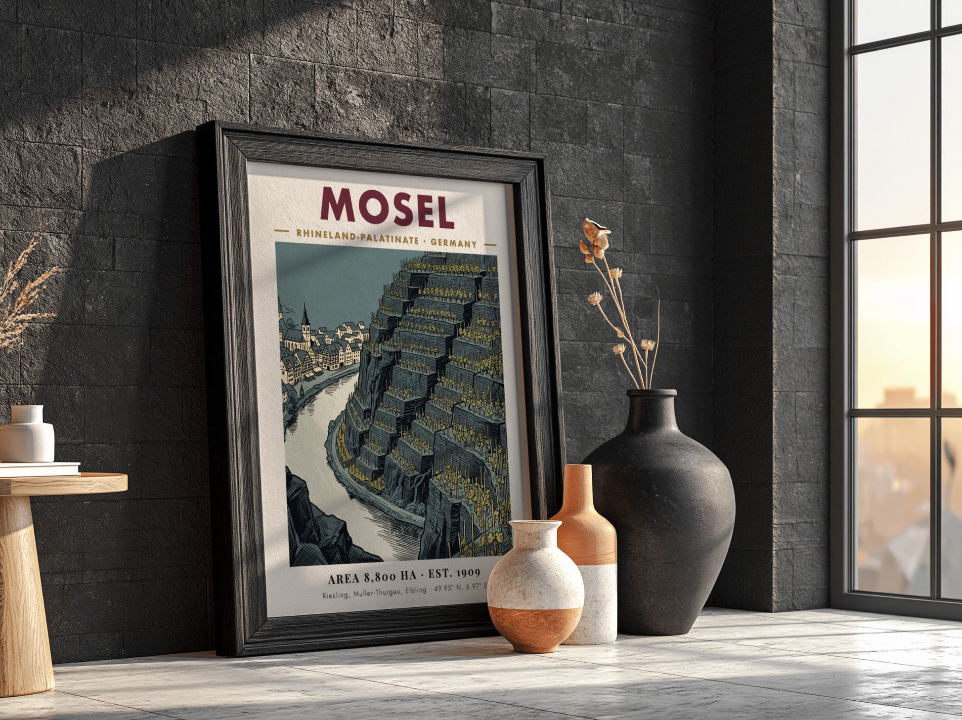 Poster of Mosel Germany featuring terraced vineyards and a historic town by river.