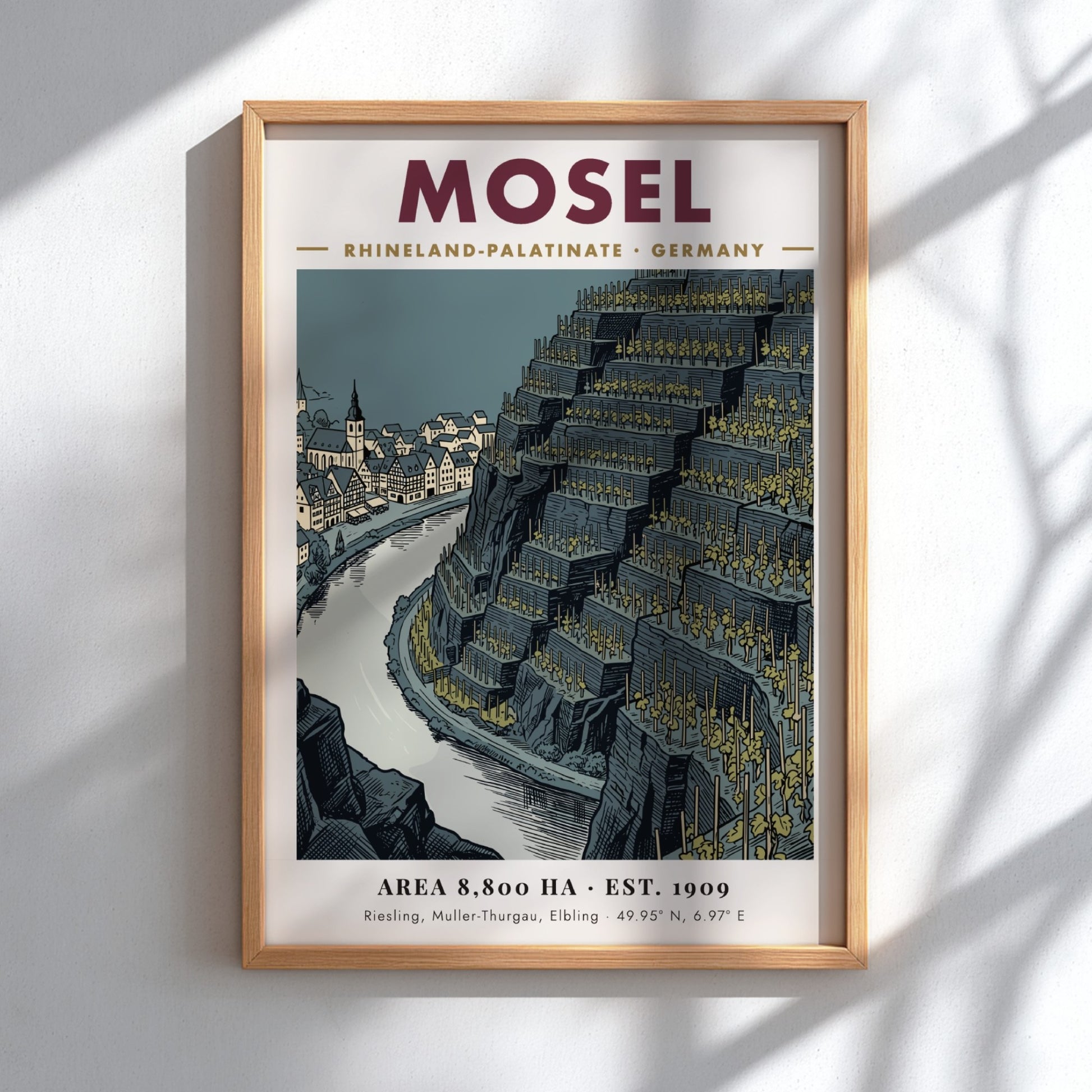 Poster of Mosel Germany featuring terraced vineyards and a historic town by river.