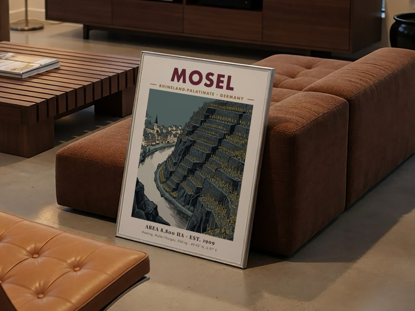 Poster of Mosel Germany featuring terraced vineyards and a historic town by river.