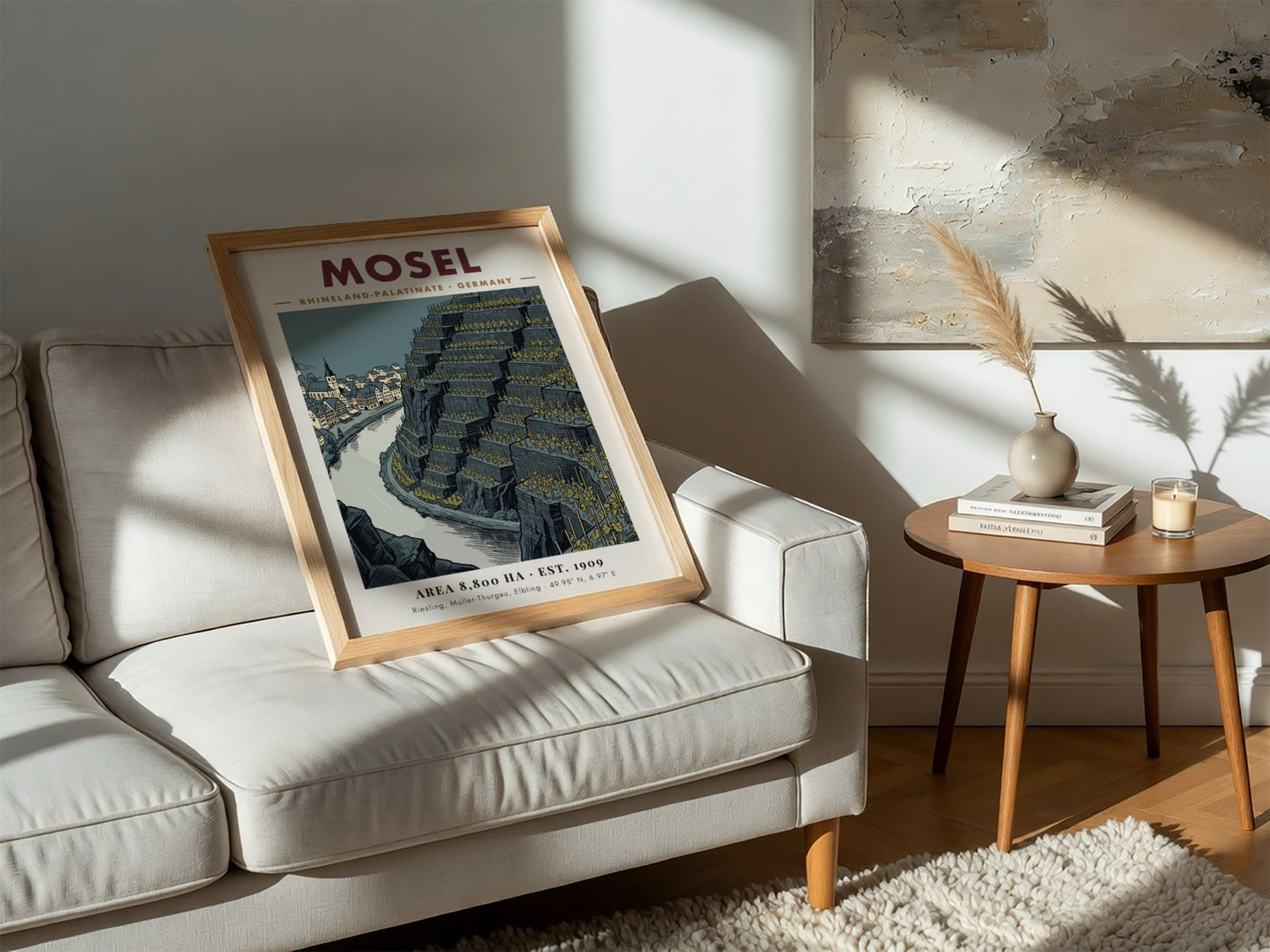 Poster of Mosel Germany featuring terraced vineyards and a historic town by river.
