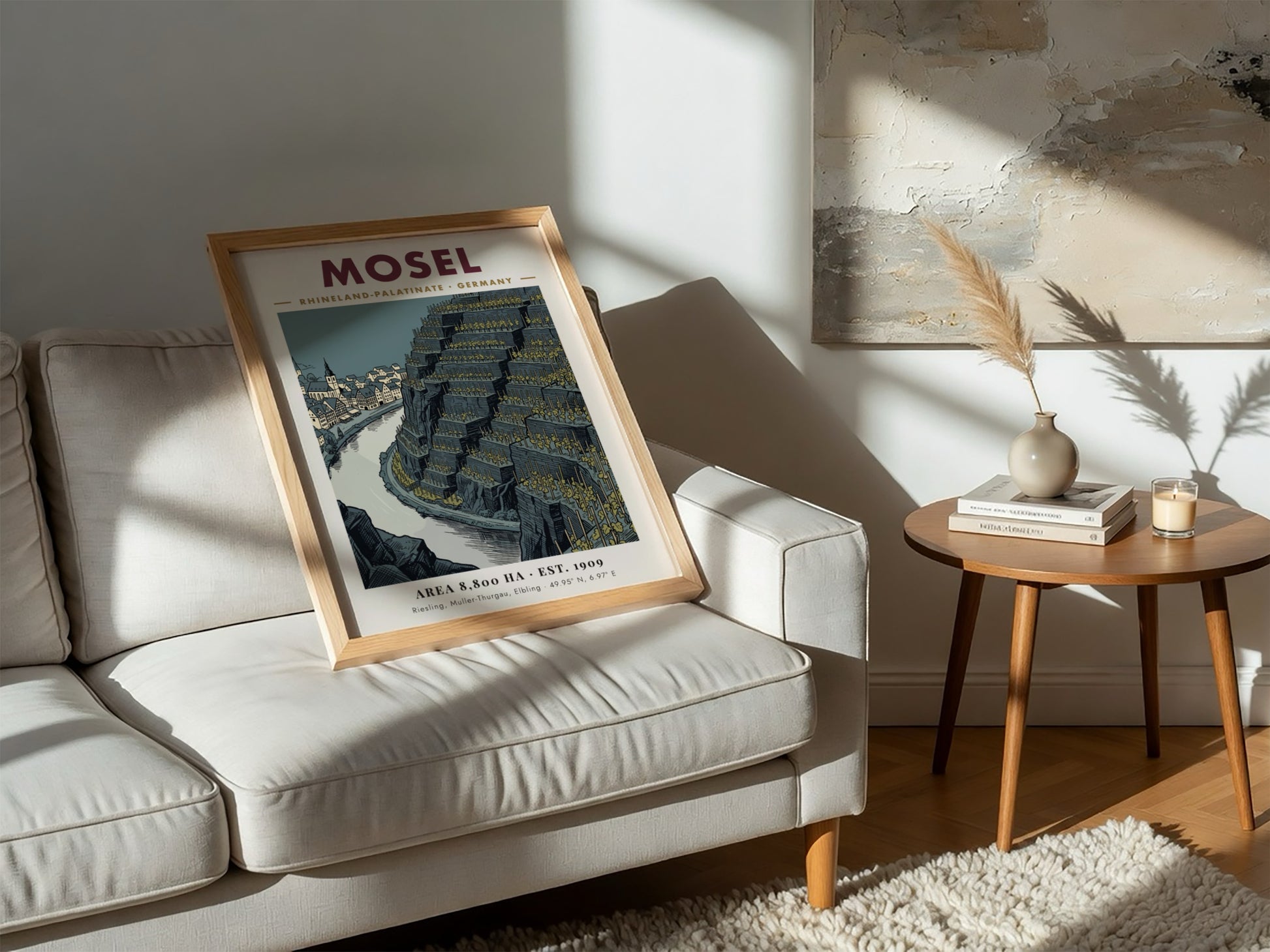 Poster of Mosel Germany featuring terraced vineyards and a historic town by river.