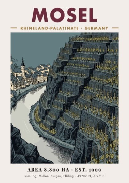 Poster of Mosel Germany featuring terraced vineyards and a historic town by river.
