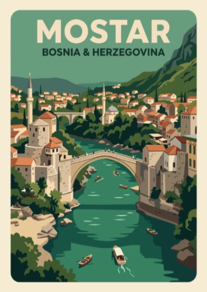 Vintage travel poster showing the arched bridge in Mostar with green river boats