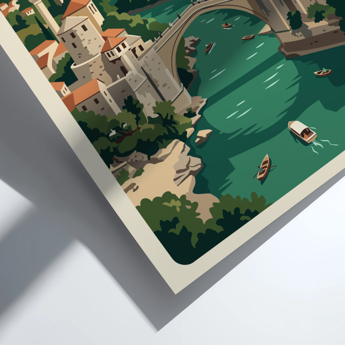 Vintage travel poster showing the arched bridge in Mostar with green river boats