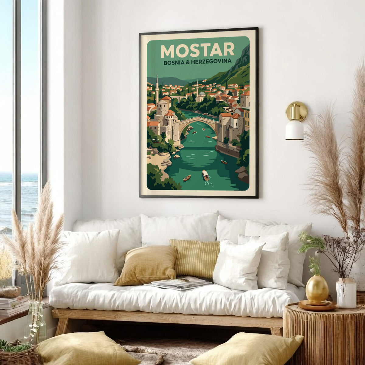 Vintage travel poster showing the arched bridge in Mostar with green river boats