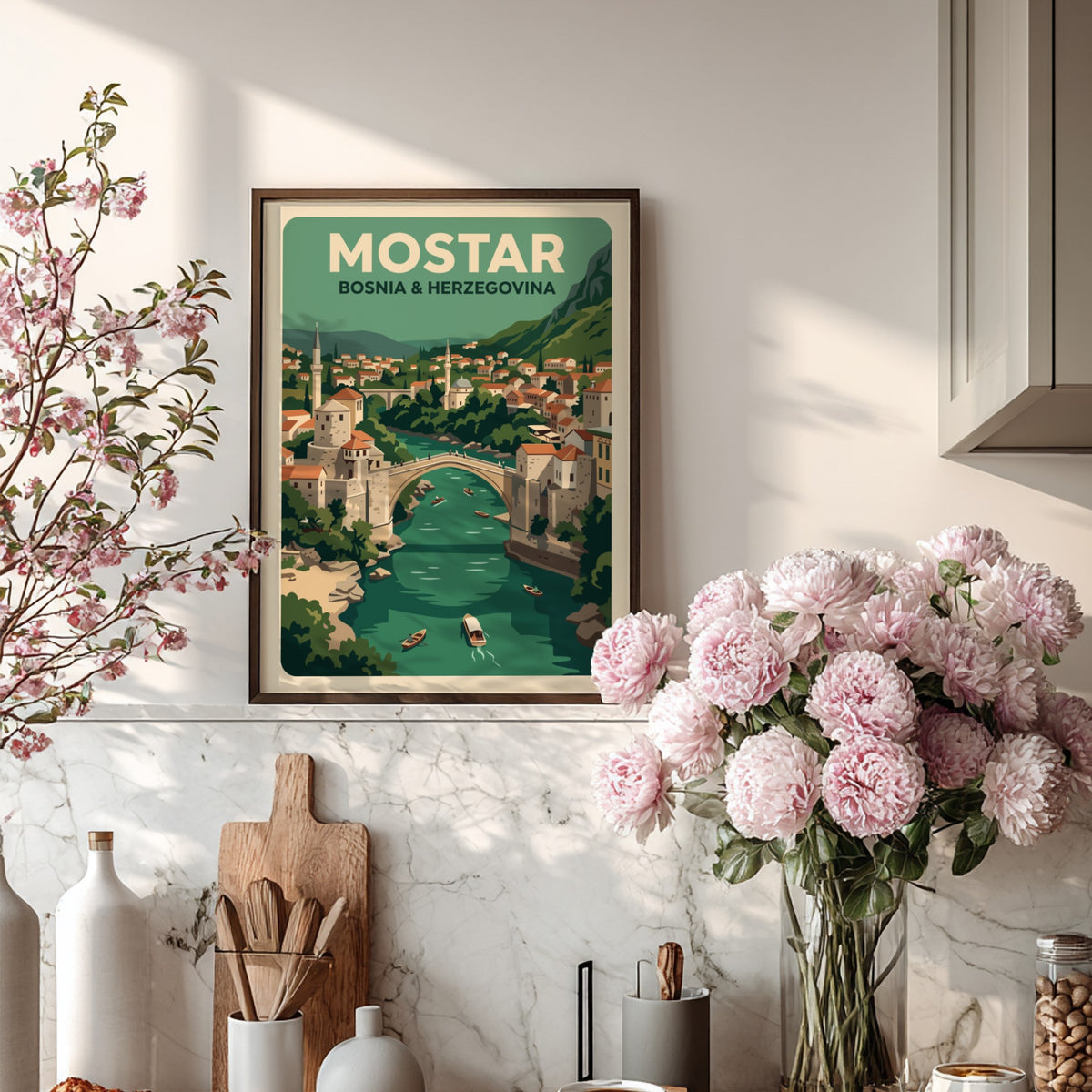 Vintage travel poster showing the arched bridge in Mostar with green river boats