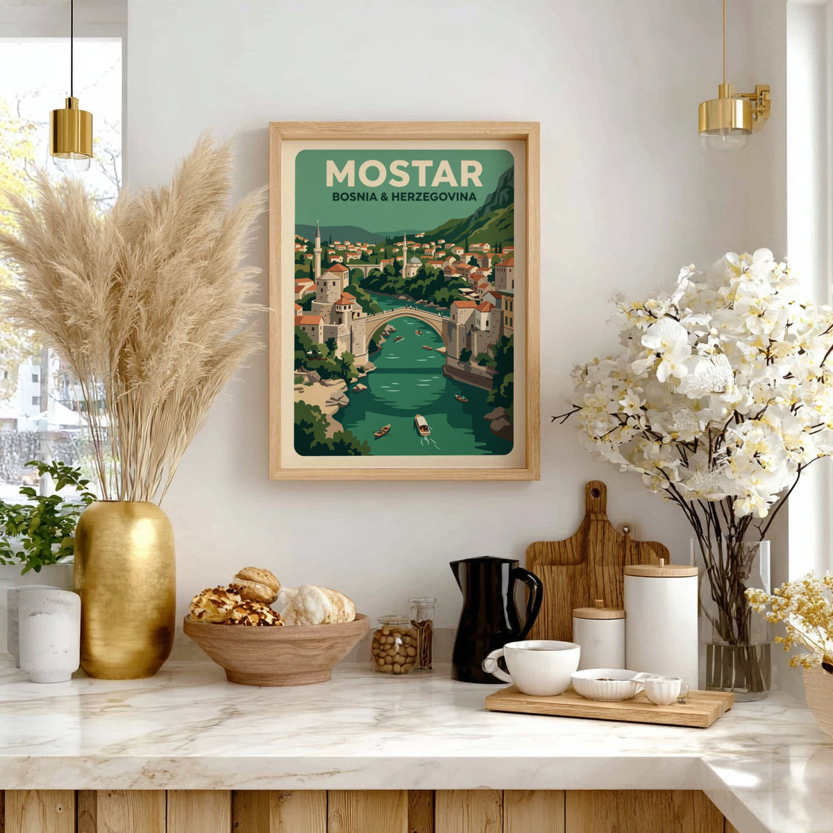 Vintage travel poster showing the arched bridge in Mostar with green river boats